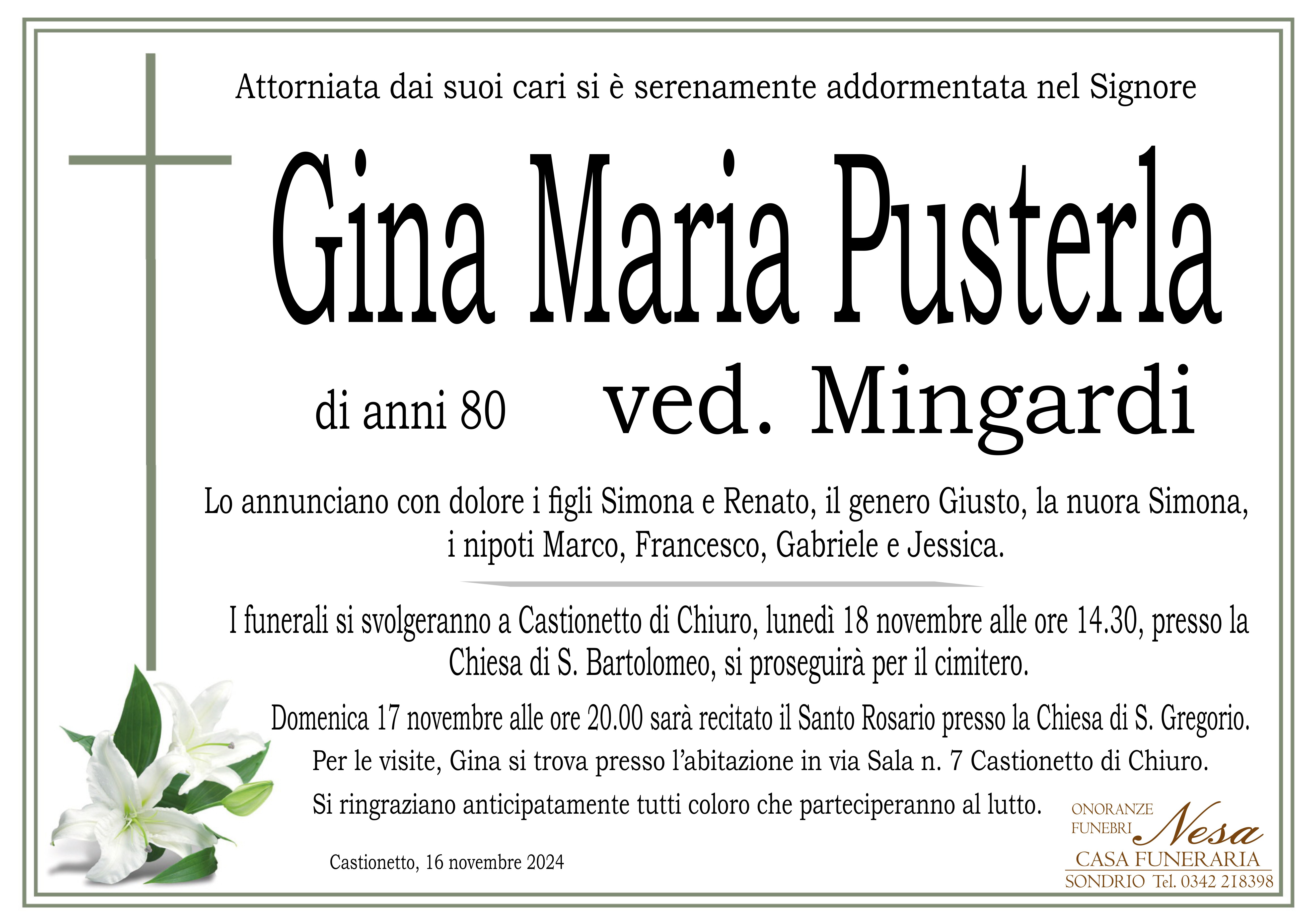 Necrologio Gina Maria Pusterla ved. Mingardi